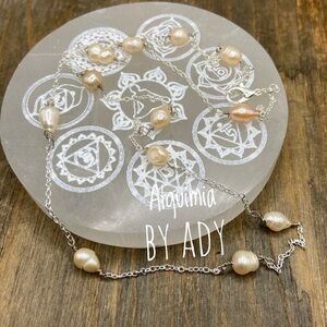 Long sterling silver stamped real freshwater pearls delicate necklace